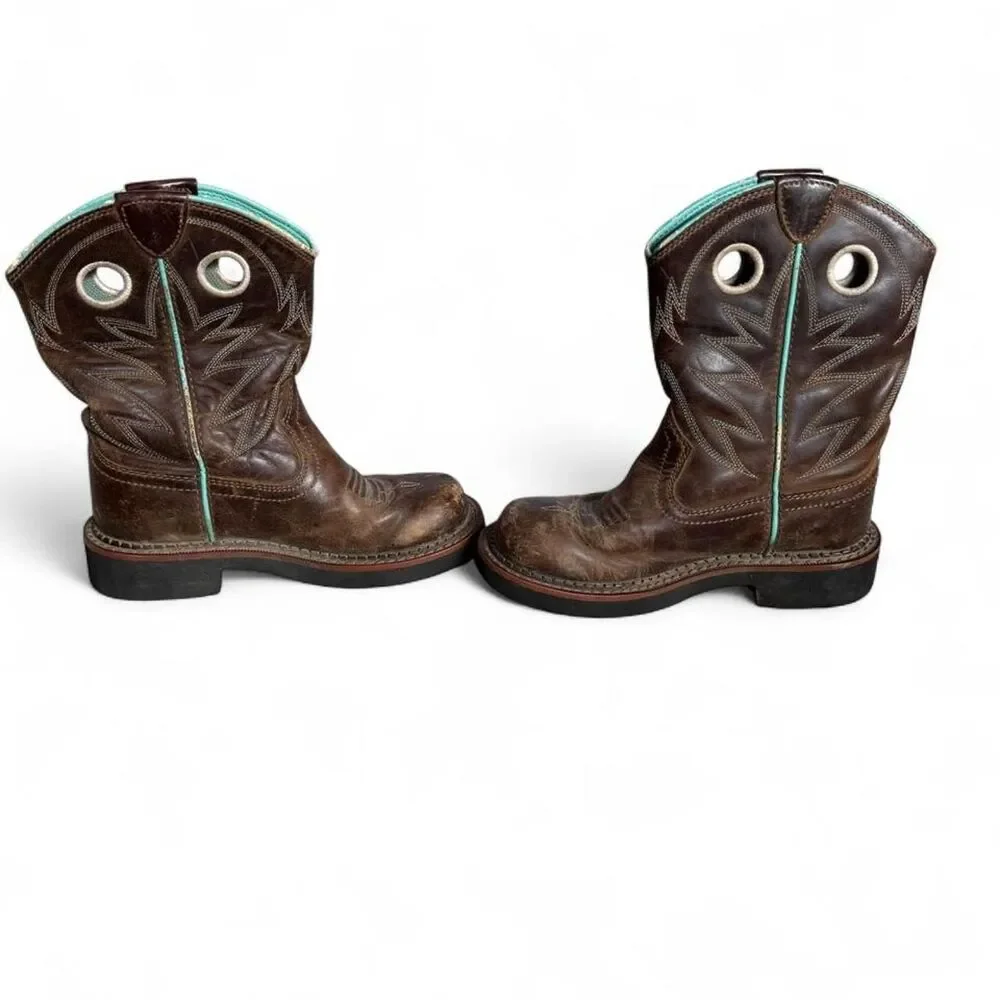 Ariat Kids Size 12 Western Cowboy Boots Brown Leather Turquoise Square Toe